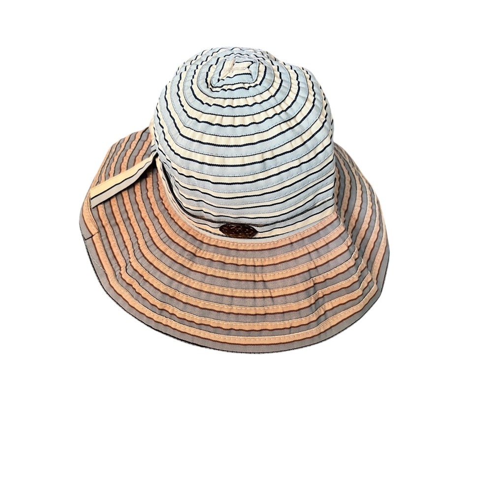 Panama Jack Womens Wide Brim Sun Bucket Hat Blue White Striped Beach‎ Summer Hat
